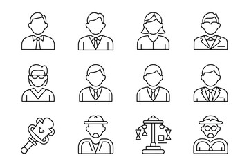 Fototapeta premium Collection of professional business people and legal symbols silhouette icons isolated on white background