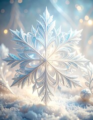 A stunning intricate snowflake design, glowing softly against a snowy backdrop, capturing winter's beauty and elegance.