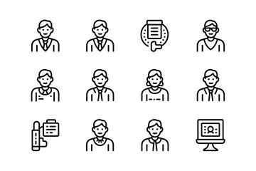 Collection of business people icons and office equipment silhouette isolated on white background