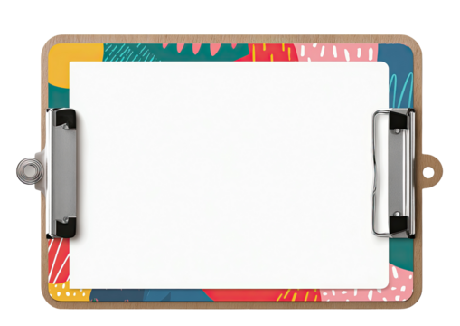 A clipboard with a blank sheet of paper, colorful, abstract design