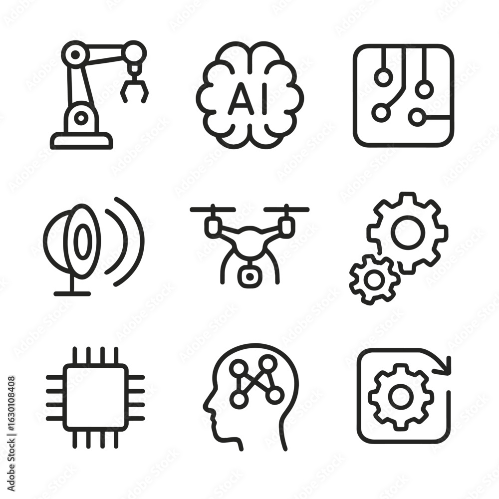 Poster robotics and ai icons. outline icon set of robotics and ai: robot arm, ai brain, circuit board, sens