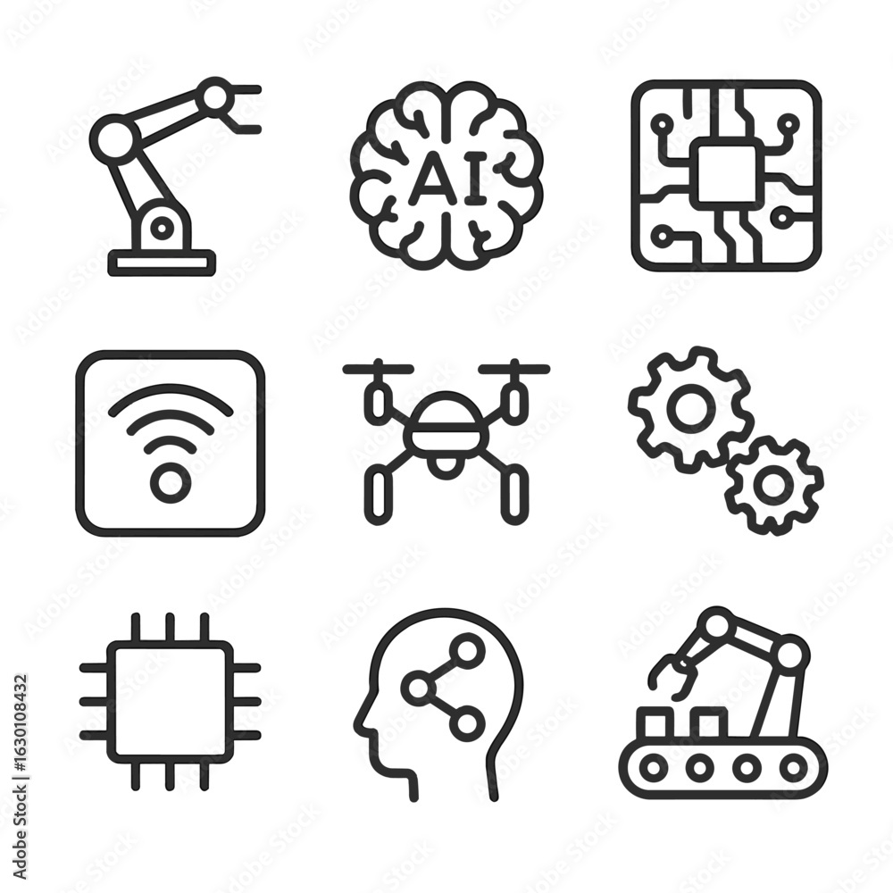 Poster robotics and ai icons. outline icon set of robotics and ai: robot arm, ai brain, circuit board, sens