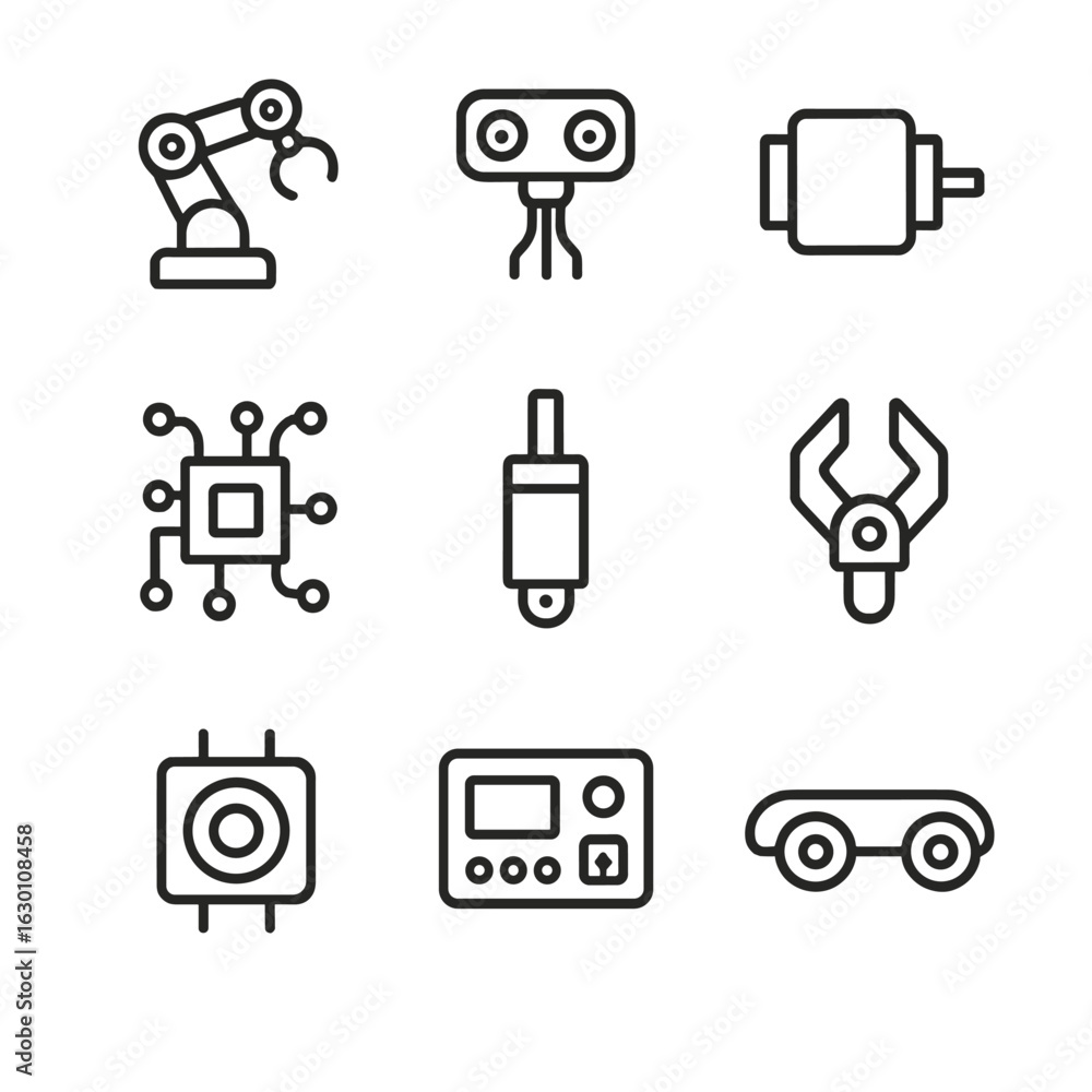 Poster robotics components icons. outline icon set of robotics components: robotic arm, sensor, motor, circ