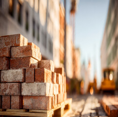 Piles of bricks stacked on a wooden pallet at a construction site in an urban area