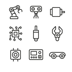Robotics Components Icons. Outline icon set of robotics components: robotic arm, sensor, motor, circuit board, actuator, gripper,