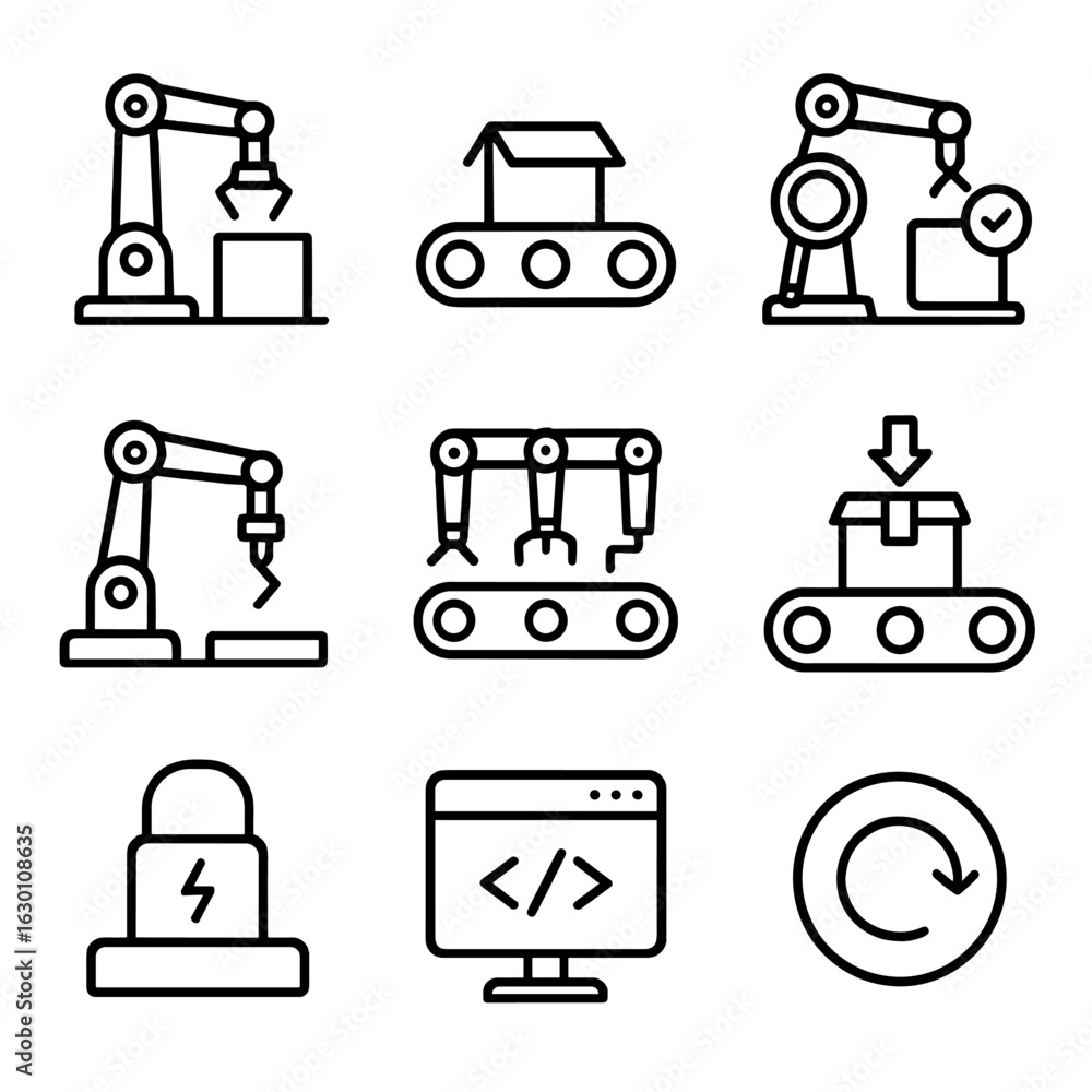 Aufkleber robotics icon set. outline icon set of robotic automation processes: pick and place, conveyor belt, 