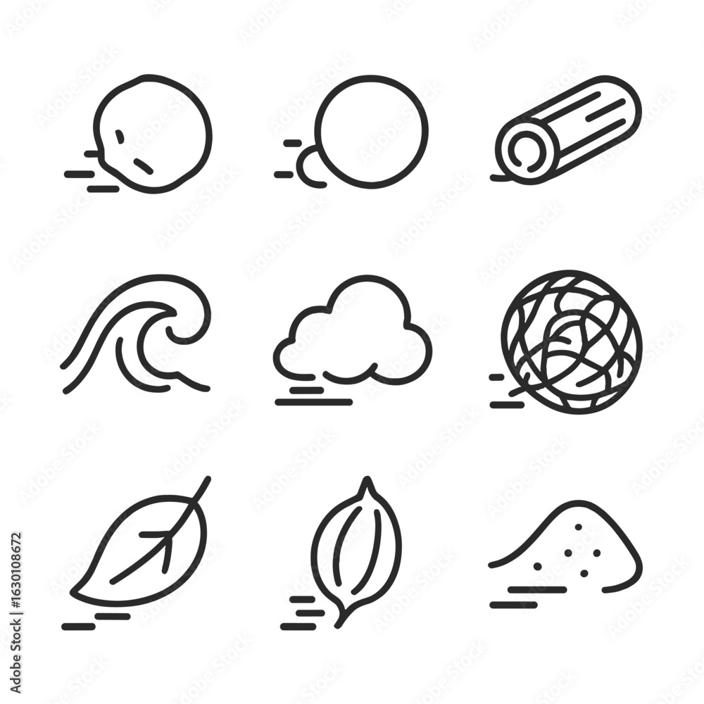 Poster rolling nature icons. outline icon set of rolling nature elements: rolling stone, rolling snowball, 