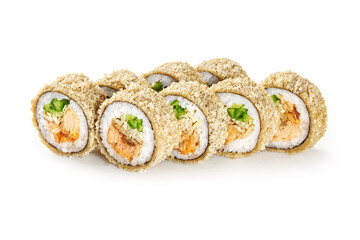 Tempura sushi rolls with salmon, cucumber and cabbage filling on white background