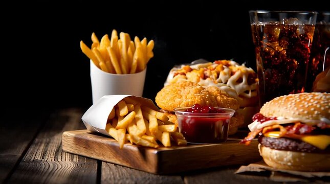 ast food meal with burger, fries and soda on dark background