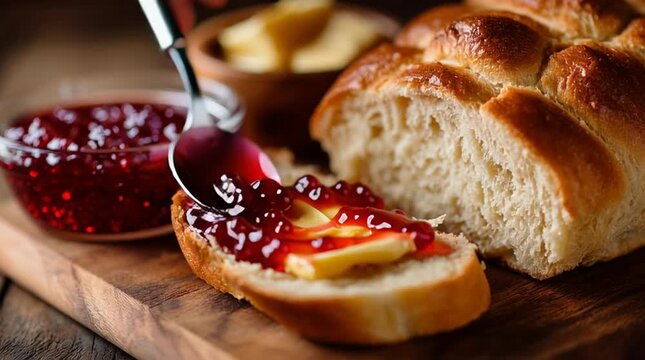 Fresh braided bread with butter and raspberry jam on wooden board