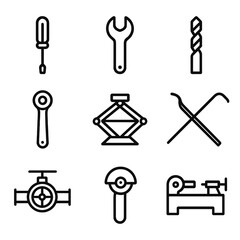 Rotational Tools Icons. Outline icon set of rotational tools: screwdriver, wrench, drill bit, ratchet, jack, crowbar, valve,