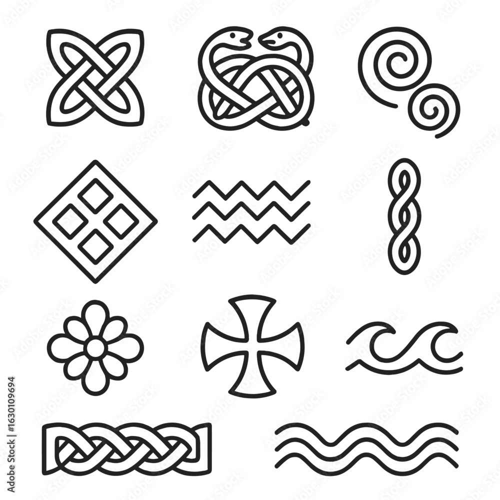 Poster runestone pattern icons. outline icon set of runestone artistic patterns: interlaced knots, serpent 