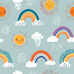 Childish Doodle Seamless Pattern
Colorful seamless pattern of doodle drawings like suns, rainbows, and funny faces for kids.