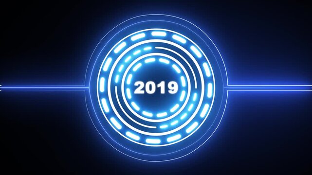 2019 text with screen effects of technological failures. Concept of counting years. Past year technology concept on black background. 4k video animation