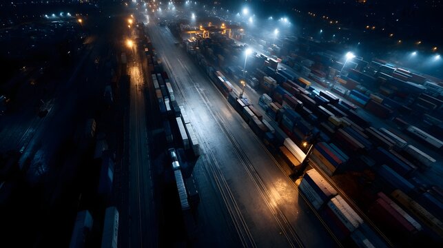 Aerial view of a busy logistics hub at night