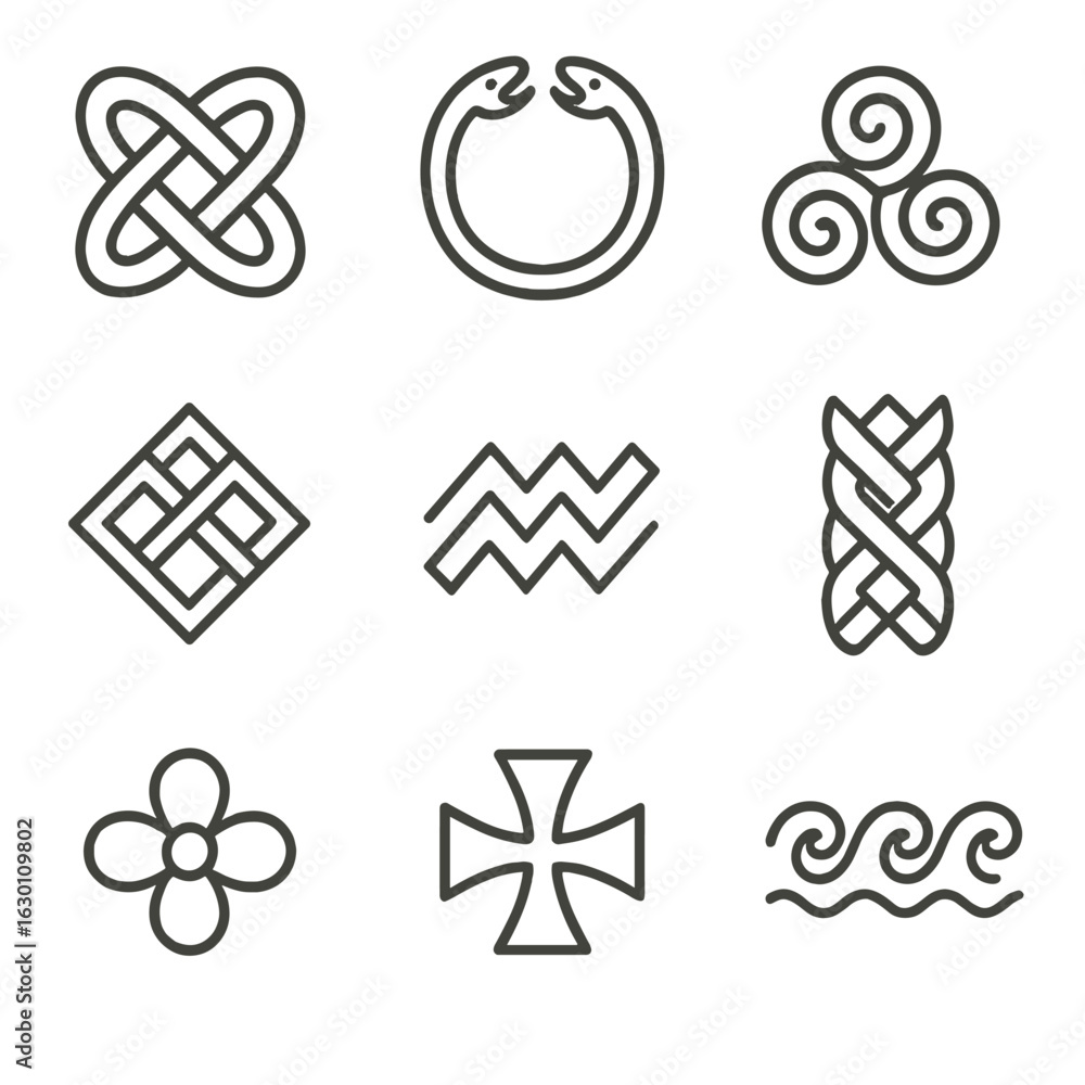 Poster runestone pattern icons. outline icon set of runestone artistic patterns: interlaced knots, serpent 