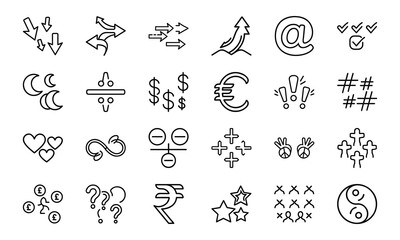 Minimalist Black Line Symbol Icons Bundle – Currency, Arrows, Social, Love, Checkmarks, Peace, Hashtag, Moon, Star, Plus Minus, People & Abstract Shapes in Silhouettes Style on White Background

