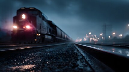 Obraz premium Freight train passing through an industrial zone at night