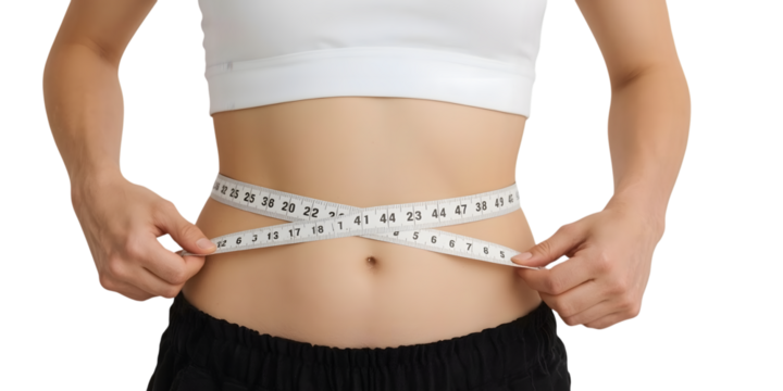 Woman measuring her waist with a tape measure, symbolizing health and fitness goals achieved