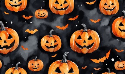 Halloween pumpkins with smiling faces on dark background pattern  