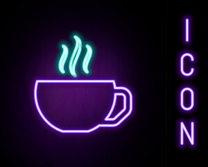 Glowing neon line Coffee cup icon isolated on black background. Tea cup. Hot drink coffee. Colorful outline concept. Vector