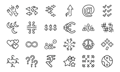 Minimalist Black Line Symbol Icons Bundle – Currency, Arrows, Social, Love, Checkmarks, Peace, Hashtag, Moon, Star, Plus Minus, People & Abstract Shapes in Silhouettes Style on White Background

