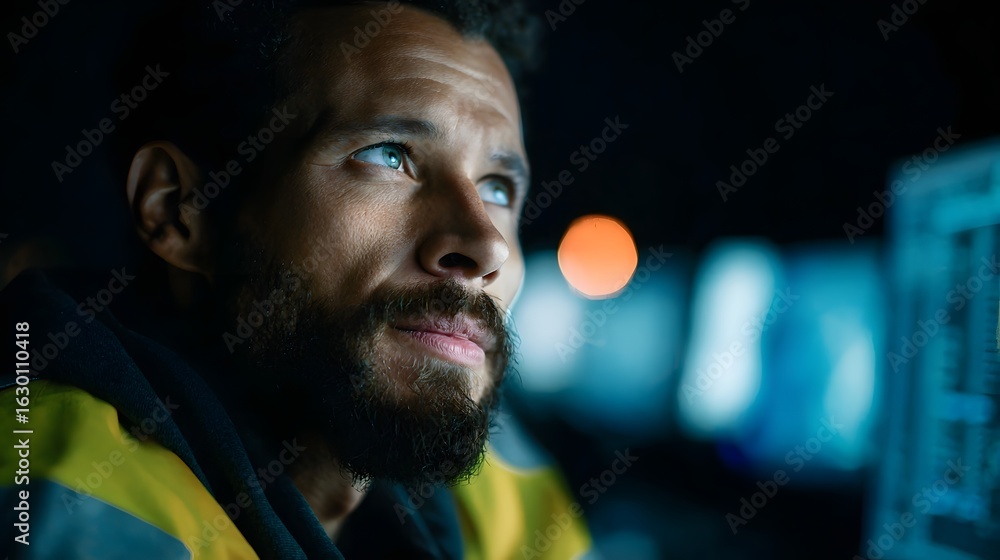 Poster logistics manager closely monitoring real time data on a dashboard display