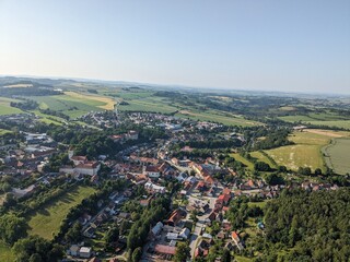 Brtnice town and historic castle aerial panorama in Vysocina region, Bohemia Czech republic
