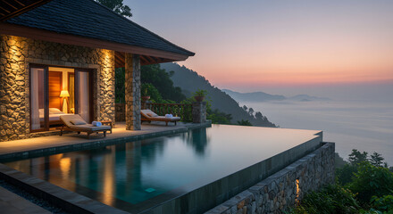 Obraz premium Luxury villa infinity pool sunset view serene vacation destination tropical paradise travel getaway resort escape