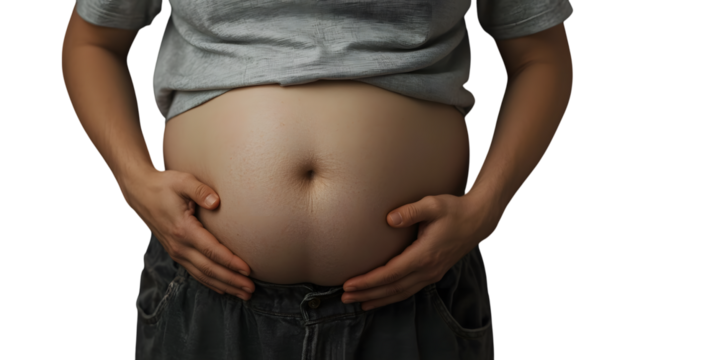 Concerned person holds abdomen, highlighting weight gain and health worries.