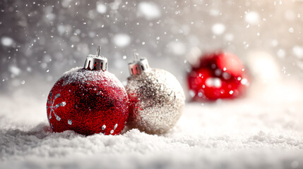 Festive Christmas ornaments in the snow with falling snowflakes