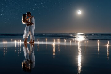 Romantic couple dancing on a moonlit beach under a starlit sky at night