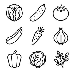 Vegetable Garden Icons. Outline icon set of vegetable garden produce: lettuce, cucumber, tomato, zucchini,