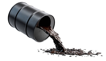 Dark, viscous liquid spills from a metal barrel onto a dark surface