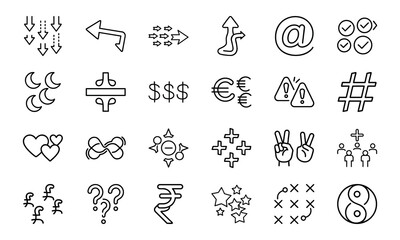 Fototapeta premium Minimalist Black Line Symbol Icons Bundle – Currency, Arrows, Social, Love, Checkmarks, Peace, Hashtag, Moon, Star, Plus Minus, People & Abstract Shapes in Silhouettes Style on White Background