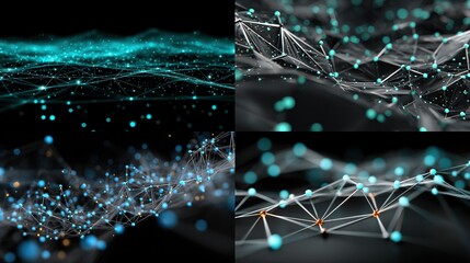 Four abstract digital network graphics.  Interconnected points and lines form a complex web, floating against a dark backdrop.  Varying colors and brightness
