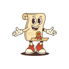 Scroll mascot with welcoming pose and cheerful smile, red sneakers, and ribbon seal. Great for academic projects, branding, or online educational content. Bright and nostalgic vector illustration