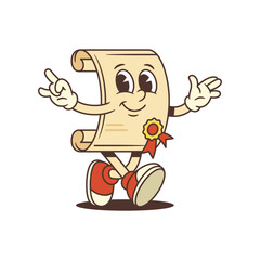 Vintage scroll mascot with cheerful face and expressive gesture, wearing ribbon seal. Perfect for education, branding, or online study themes. Nostalgic, fun vector illustration
