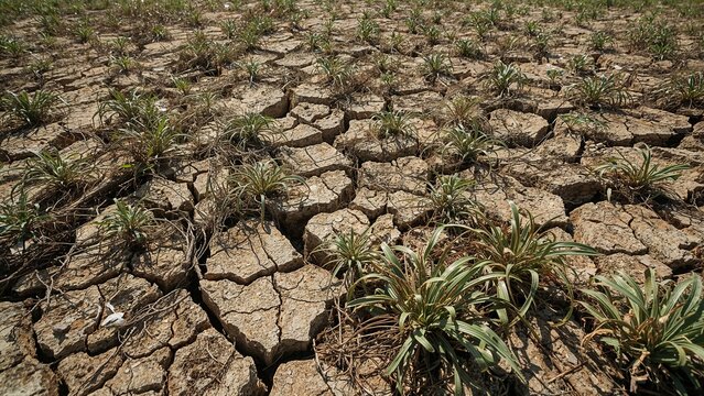 Cracked earth with sparse vegetation showing signs of drought and arid conditions in a dry landscape
