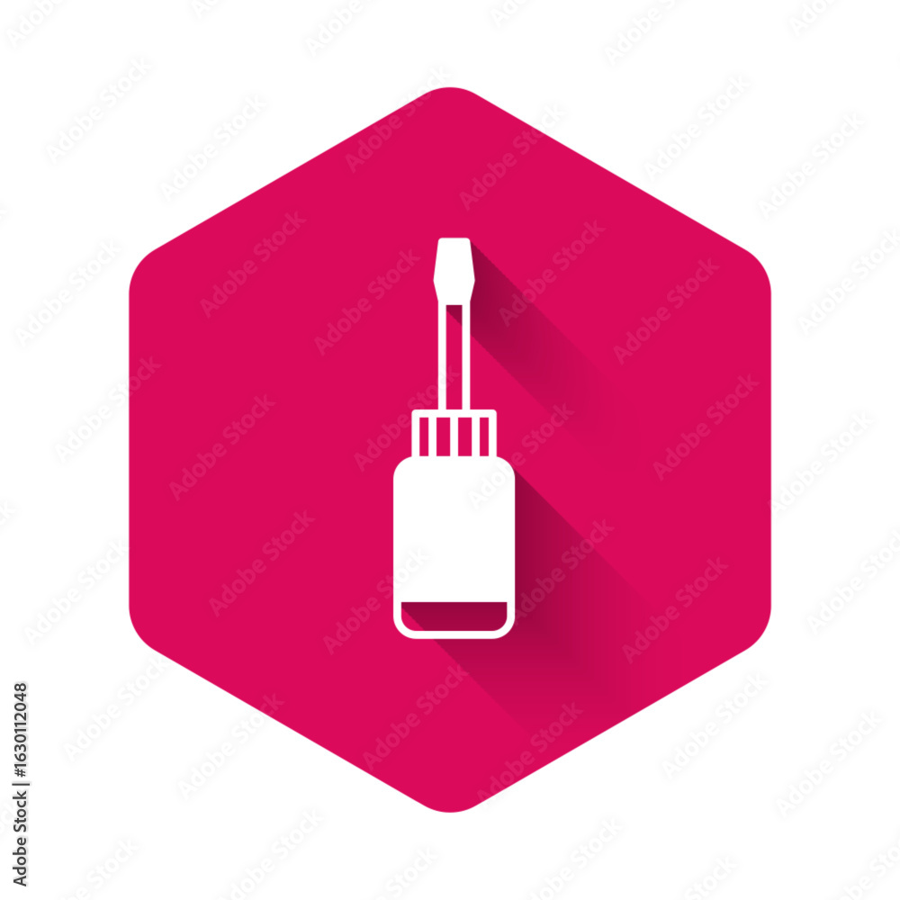 Poster white screwdriver icon isolated with long shadow background. service tool symbol. pink hexagon butto