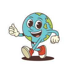 Cute Earth mascot with expressive eyes and thumbs-up gesture in running pose. Green continents and blue oceans emphasize environmental positivity. Ideal for eco campaigns and youth education