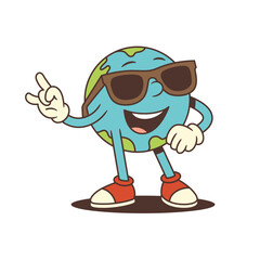 Cartoon Earth mascot with sunglasses, vibrant continents, and dynamic hand gestures. Ideal for environmental campaigns, global awareness, or education. Vector illustration