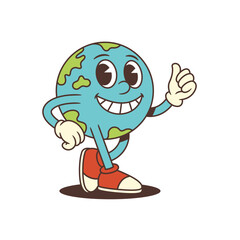 Cheerful Earth mascot with bright eyes, confident stance, and thumbs-up gesture. Great for eco-friendly education, awareness campaigns, and youth engagement. Vector illustration
