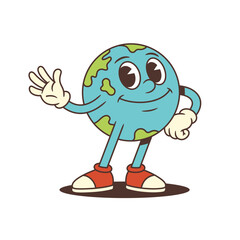 Obraz premium Earth mascot with smiling face, expressive eyes waves with one hand while the other rests on its hip. Fun, energetic design suits eco-friendly education and awareness themes. Vector illustration