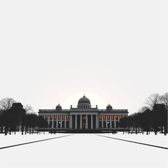 National Museum of Anthropology silhouetted at sunset in Mexico City at the height of a snowy winter