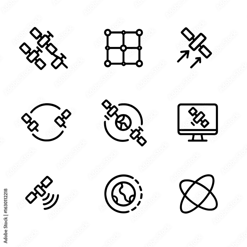 Poster satellite icon set. outline icon set of medium orbit constellation management: satellite array, netw