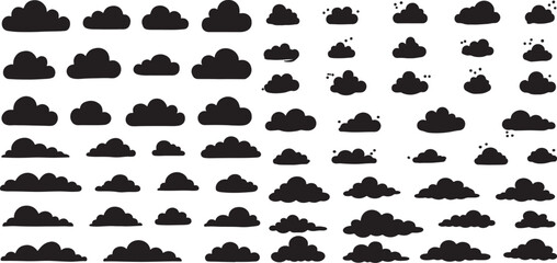 A minimalist collection of diverse cloud shapes rendered in a clean solid black silhouette against a white background perfect for sky themed designs