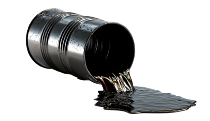 Metal oil drum, spilling black liquid