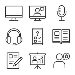 Virtual Education Icons. Outline icon set of virtual education tools: computer, video call, microphone,