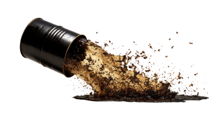 Dark liquid spills from a can onto a dark surface